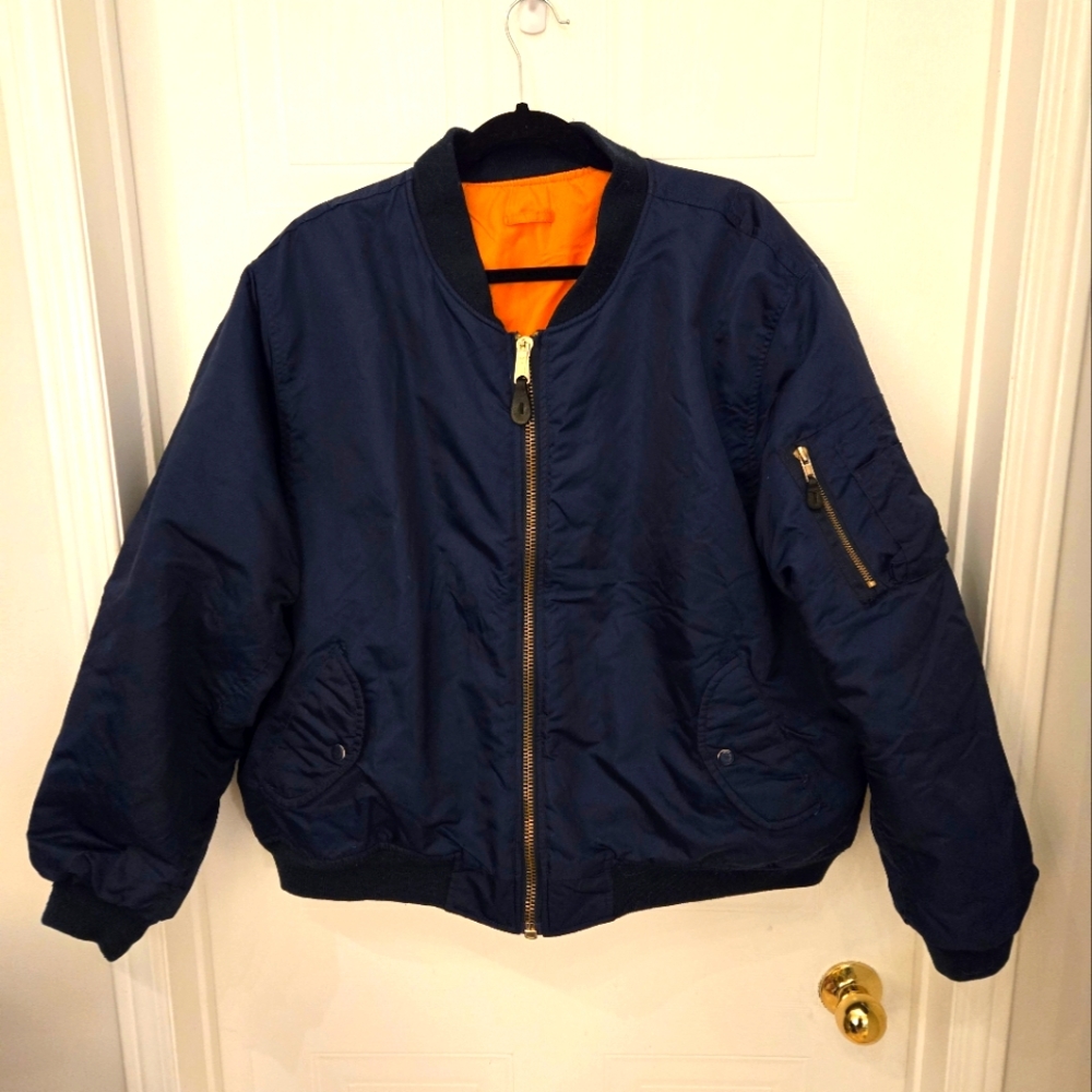 XXL Vintage Men's Navy Blue Zip-Up Bomber Jacket with Warm Lining